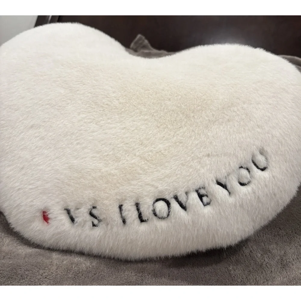 Victoria's Secret Heart Pillow Plush White Faux Fur VS I Love You